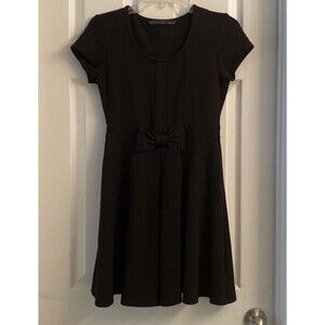 Zara Basic Black Fit and Flare Dress Sz Medium Crew Neck Front Bow Short Sleeve